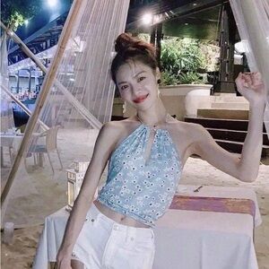 Musier Paris Blue Halter Backless Crop Top